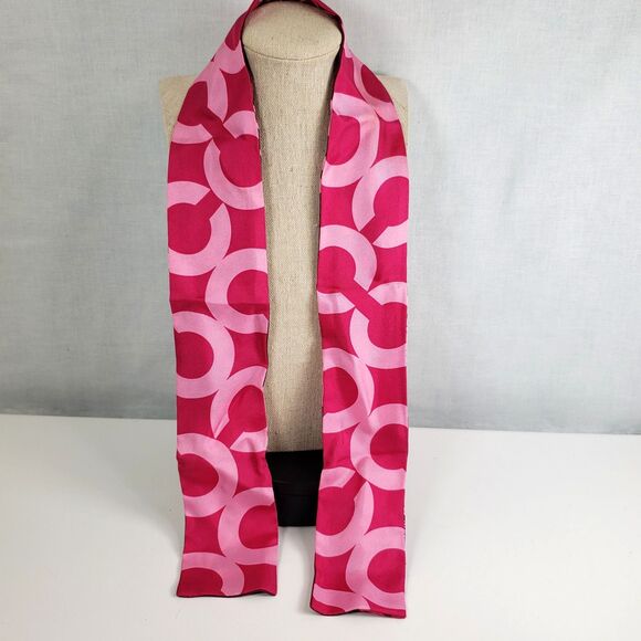 COACH Breast Cancer Awareness Slim Scarf Signature Logo Pink Red Silk Reversible - Picture 10 of 16